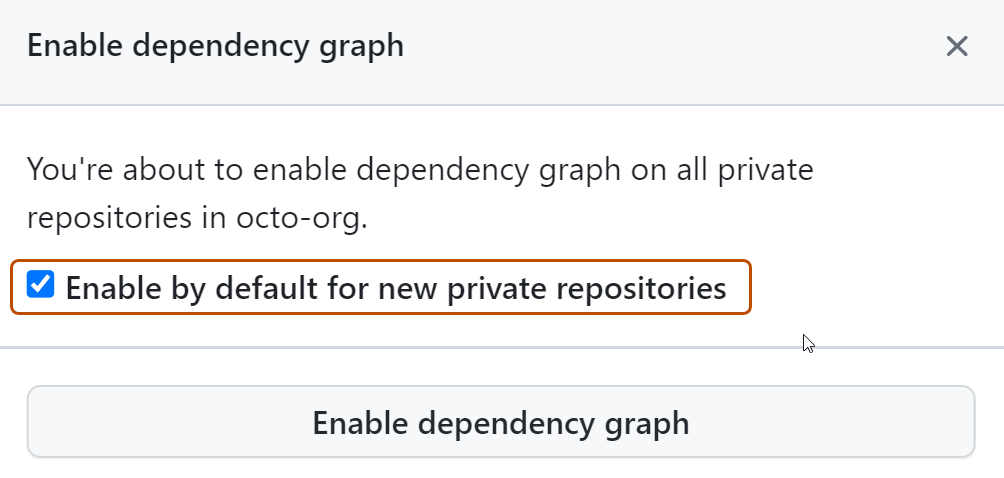 Captura de tela da caixa de diálogo modal "Habilitar RECURSO", com a opção "Habilitar por padrão para novos repositórios privados" realçada e com o contorno em laranja escuro.