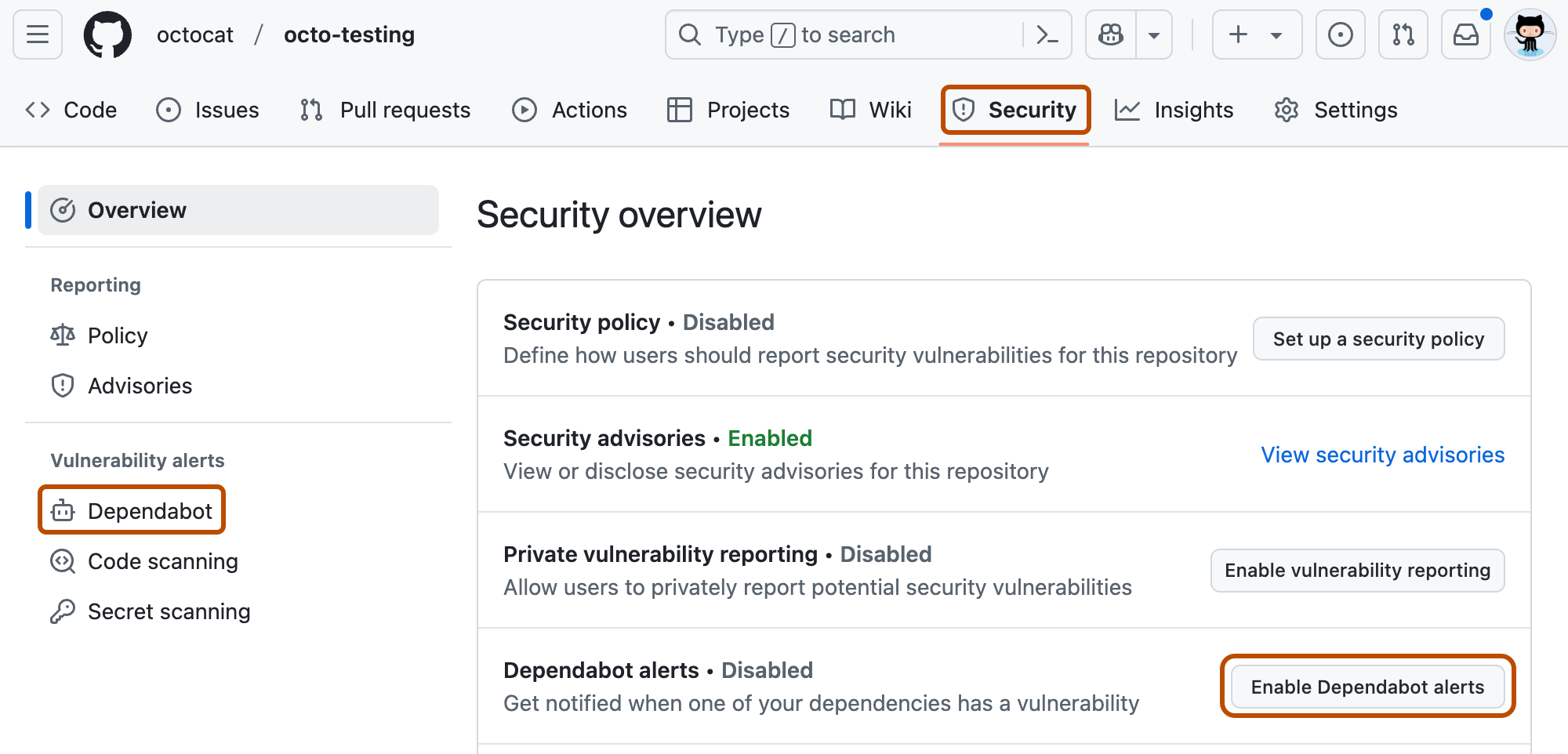 Screenshot of the "Security" page of a repository. The "Security" tab, "Dependabot" tab, and "Enable Dependabot alerts" button are all outlined in dark orange.