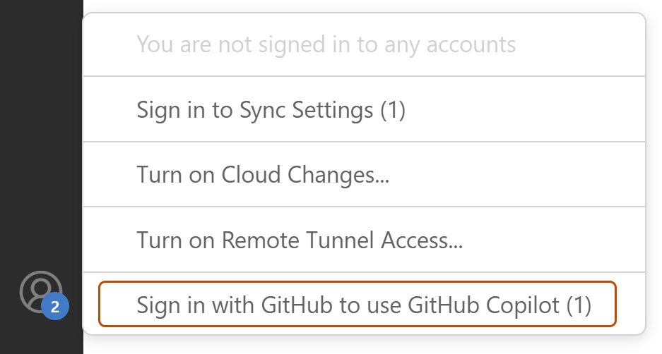 Screenshot: Menü „Konten“ in Visual Studio Code. Die Option „Mit GitHub anmelden, um GitHub Copilot zu verwenden“ (1) ist dunkelorange umrandet.