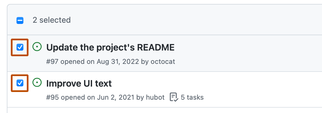 이슈 목록의 처음 두 가지 항목의 스크린샷. 각 이슈의 왼쪽에 확인란이 선택되어 있고 진한 주황색으로 표시되어 있습니다.