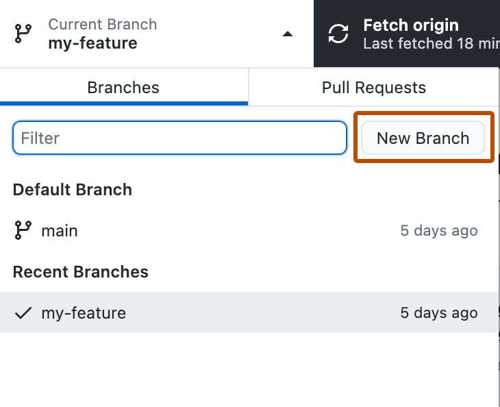 Screenshot der Dropdownansicht „Aktueller Branch“. Neben dem Feld „Filter“ befindet sich eine orange umrandete Schaltfläche mit der Beschriftung „Neuer Branch“.