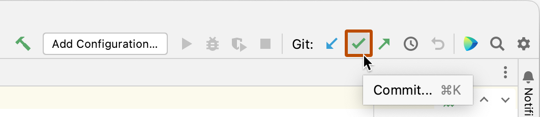 Screenshot der Navigationsleiste am oberen Rand des JetBrains-Clients, das Häkchensymbol für das Committen von Änderungen ist hervorgehoben.