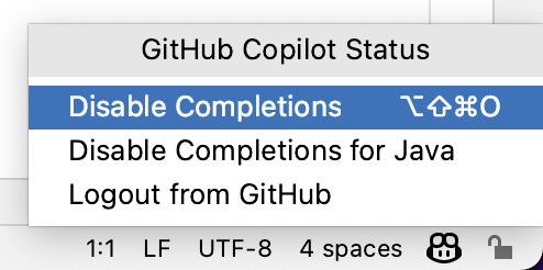 Captura de tela do menu para desabilitar o GitHub Copilot globalmente ou para a linguagem atual em um IDE do JetBrains.