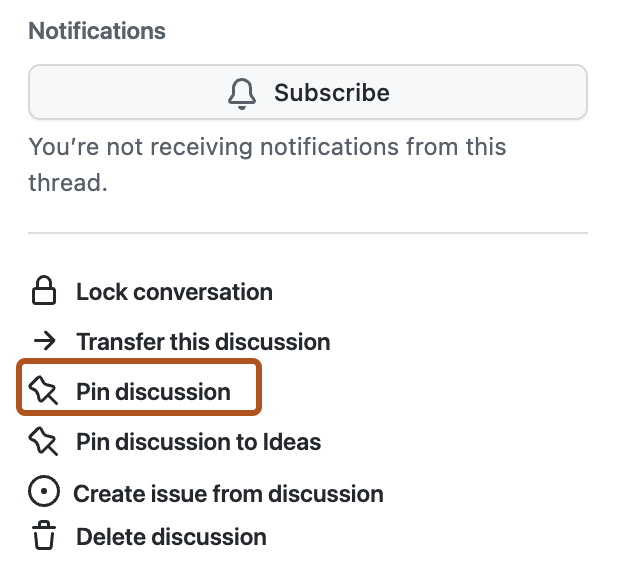 ディスカッションの右サイドバーのスクリーンショット。 [Pin discussion] (ディスカッションのピン留め) オプションがオレンジ色の枠線で強調表示されています。