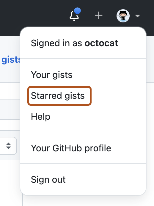 Capture d’écran du menu du compte utilisateur. L’élément de menu « Gists marqués d’une étoile » est présenté en orange foncé.