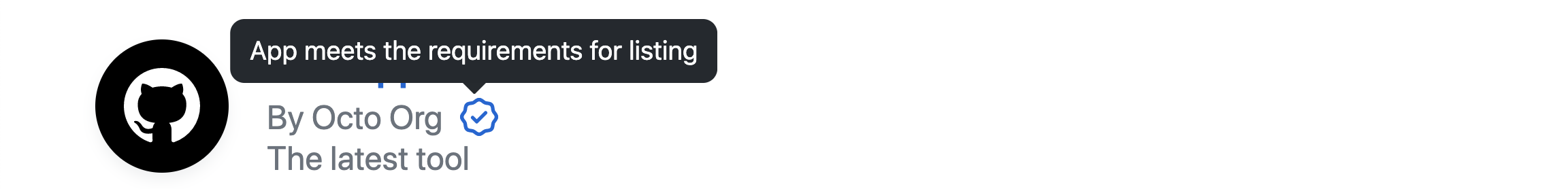 Screenshot of a marketplace badge for a GitHub App. The mouse pointer is hovering over an icon displaying the tooltip "App meets the requirements for listing."