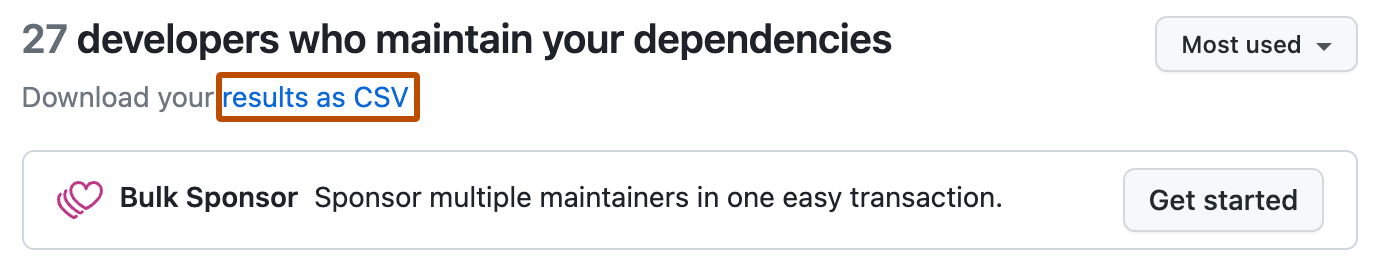 [GitHub Sponsors を調べる] ページのスクリーンショット。 [結果を CSV として] というテキストが表示されたリンクが、濃いオレンジ色の枠線で囲まれています。