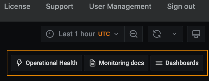 Screenshot: Verwaltungskonsole-Header Die Dashboardnavigationslinks oben rechts sind orange hervorgehoben.