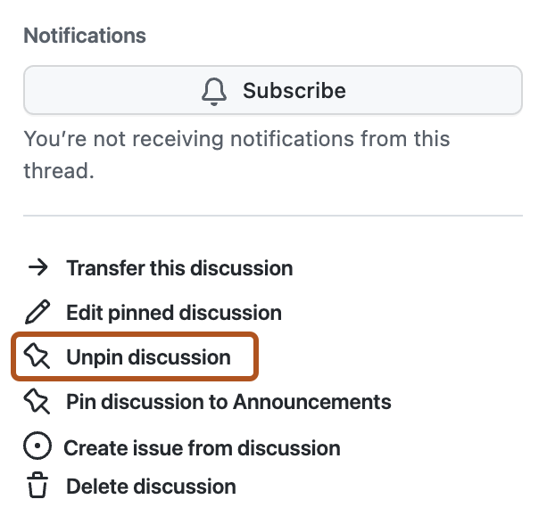 Screenshot of the right sidebar of a discussion. The "Unpin discussion" option is highlighted with an orange outline.
