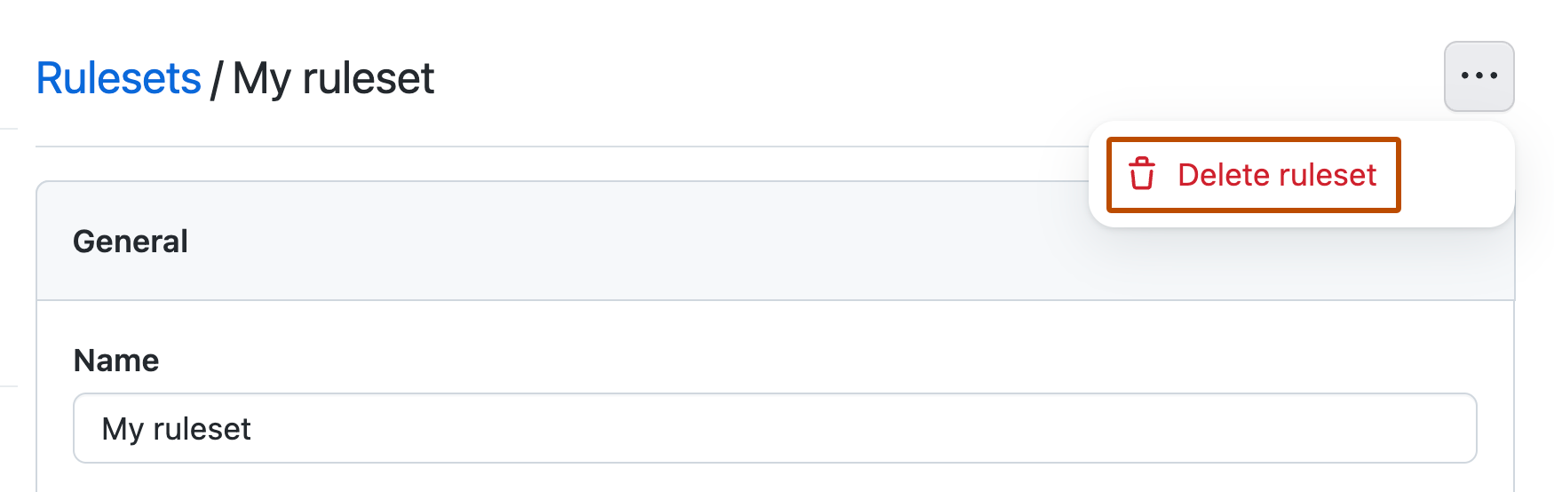 Capture d’écran de la page de modification d’un ensemble de règles. Sous un bouton représenté par trois points, une option intitulée « Supprimer l’ensemble de règles » est encadrée en orange.