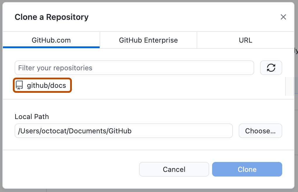 [リポジトリのクローン] ウィンドウのスクリーンショット。 "github/docs" リポジトリがオレンジ色の枠線で強調表示されています。