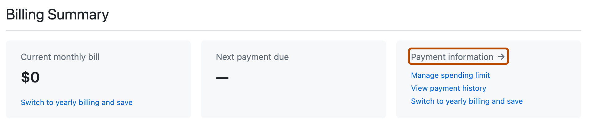 Screenshot of the "Billing Summary" section of the settings page. A link, labeled "Payment information," is highlighted with an orange outline.