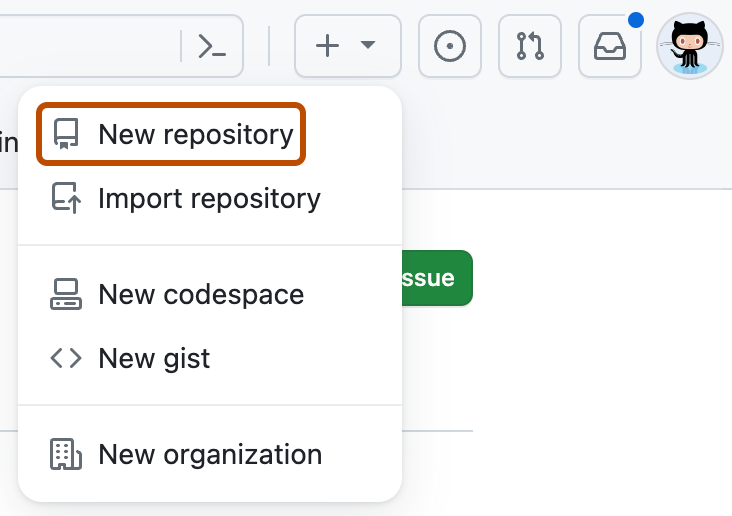 Captura de tela de um menu suspenso GitHub mostrando as opções para criar novos itens. Há um item de menu "Novo repositório" com o contorno em laranja escuro.