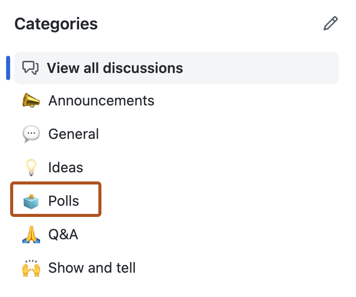 Capture d’écran de la section Catégories sous l’onglet « Discussions ». La catégorie « Sondage » est délimitée en orange foncé.