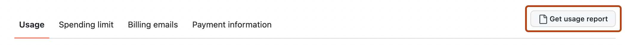 GitHub 上计费设置页标题的屏幕截图。 标有“获取使用情况报告”的按钮以橙色边框突出显示。