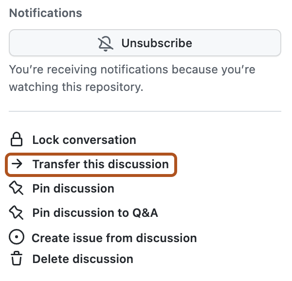 Capture d’écran de la barre latérale droite d’une discussion. L’option « Transférer cette discussion » est présentée en orange foncé.