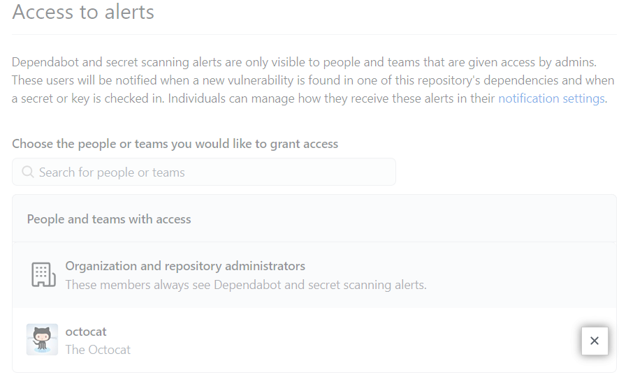 "x" button to remove someone's access to security alerts for your repository
