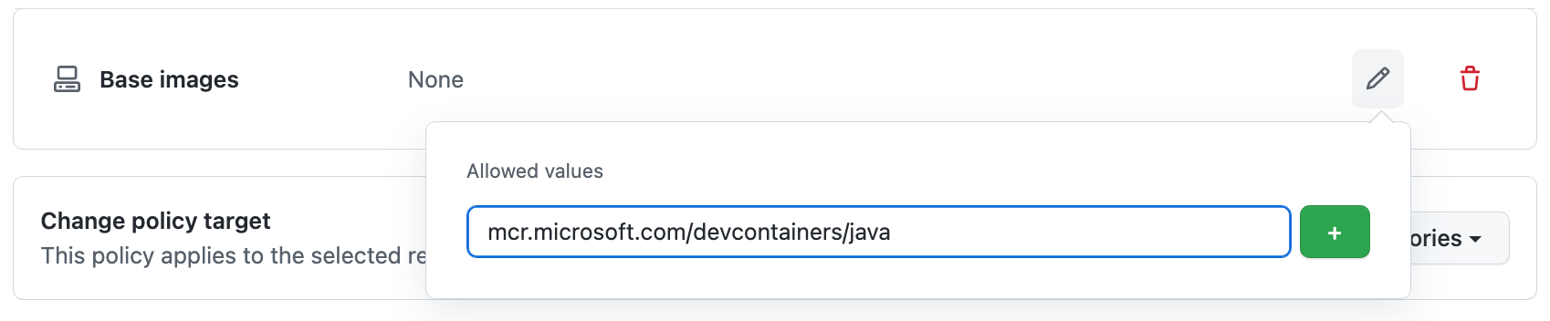 "허용되는 값" 필드에 입력된 이미지 참조 "mcr.microsoft.com/devcontainers/java"의 스크린샷