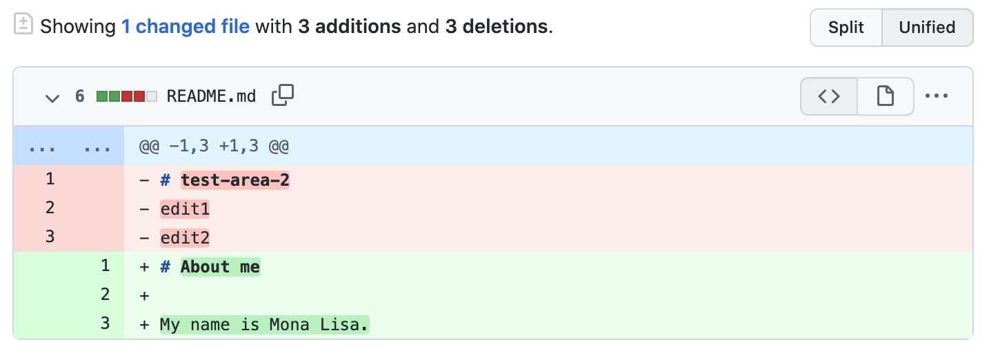 README.md ファイルの diff のスクリーンショット。 赤の 3 行には削除されるテキストが示され、緑の 3 行には追加されるテキストが示されています。
