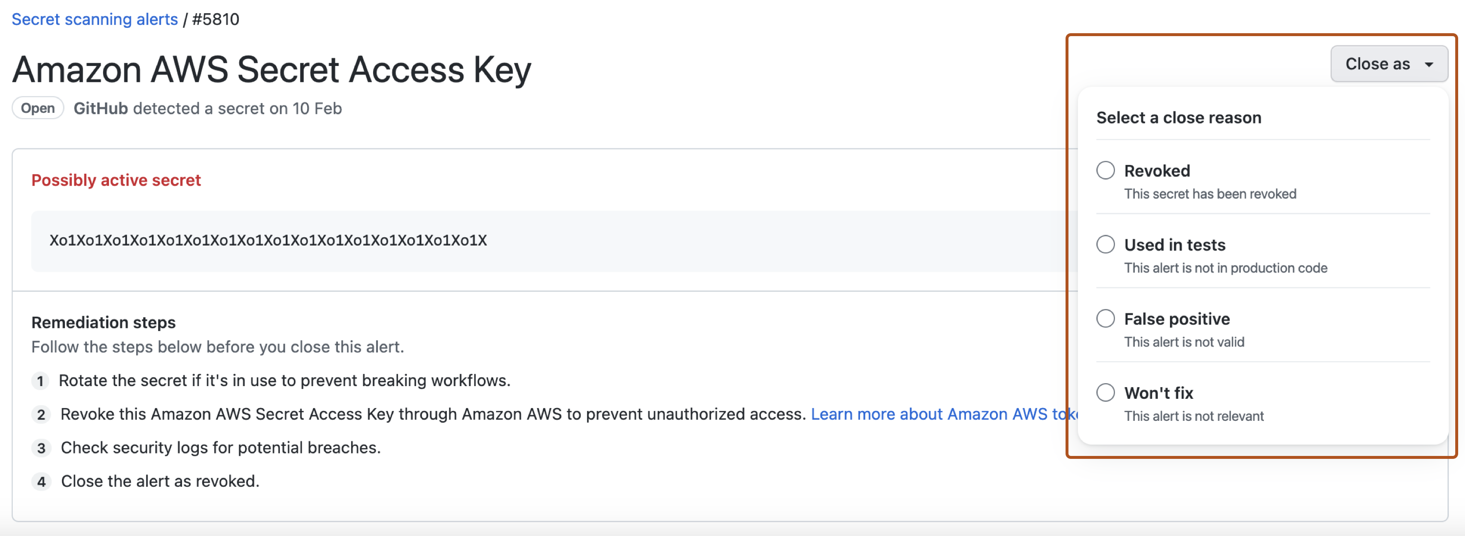 Screenshot einer secret scanning-Warnung. Ein Dropdownmenü mit dem Titel „Schließen als“ wird angezeigt und ist in dunklem Orange eingerahmt.
