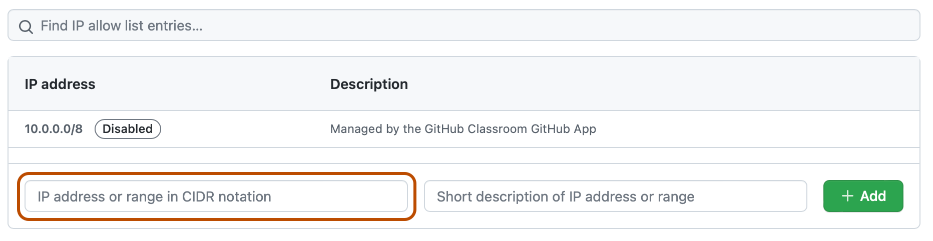 Screenshot: Einstellungen für die Liste zugelassener IP-Adressen. Ein Textfeld mit der Bezeichnung „IP-Adresse oder -Bereich in CIDR-Notation“ ist orange umrandet.