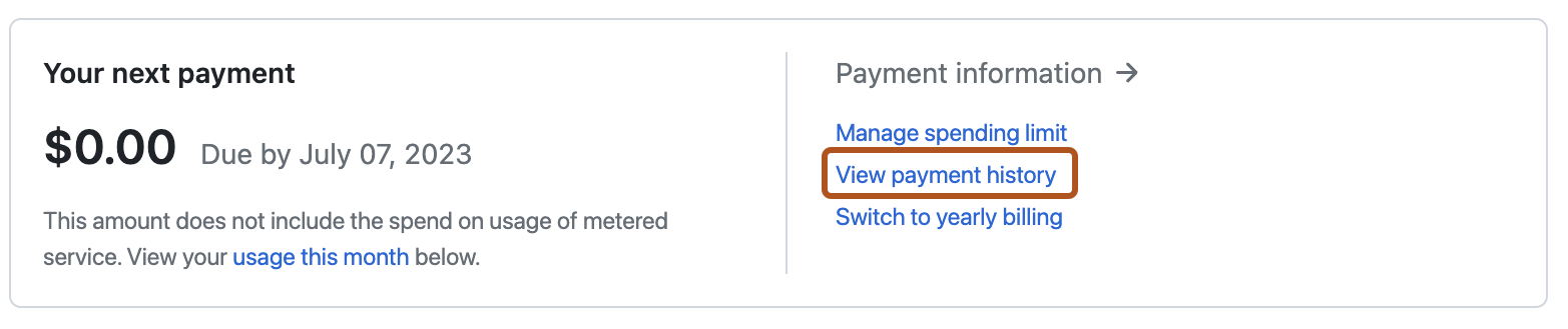 Capture d’écran de la section Résumé de la facturation dans la page des paramètres des informations de paiement. Sous « Informations de paiement », un lien intitulé « Consulter l’historique des paiements » est mis en évidence avec un encadré orange foncé.