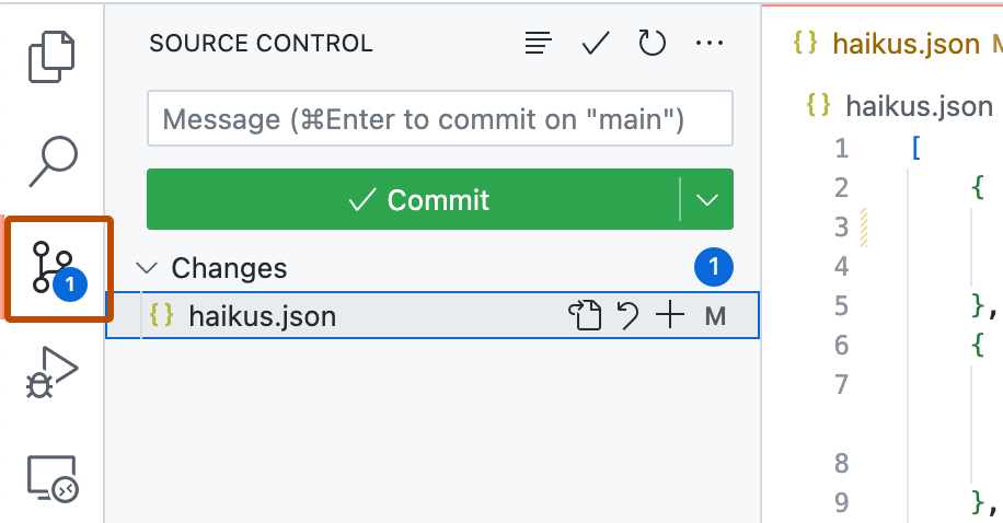 Captura de tela da Barra de Atividades do VS Code com o botão Controle do Código-Fonte realçado com um contorno laranja.