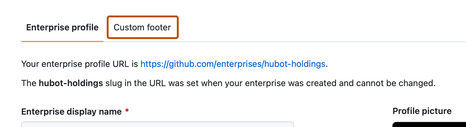 企业帐户的“配置文件”页面的屏幕截图。 标记为“自定义页脚”的选项卡以深橙色标出。