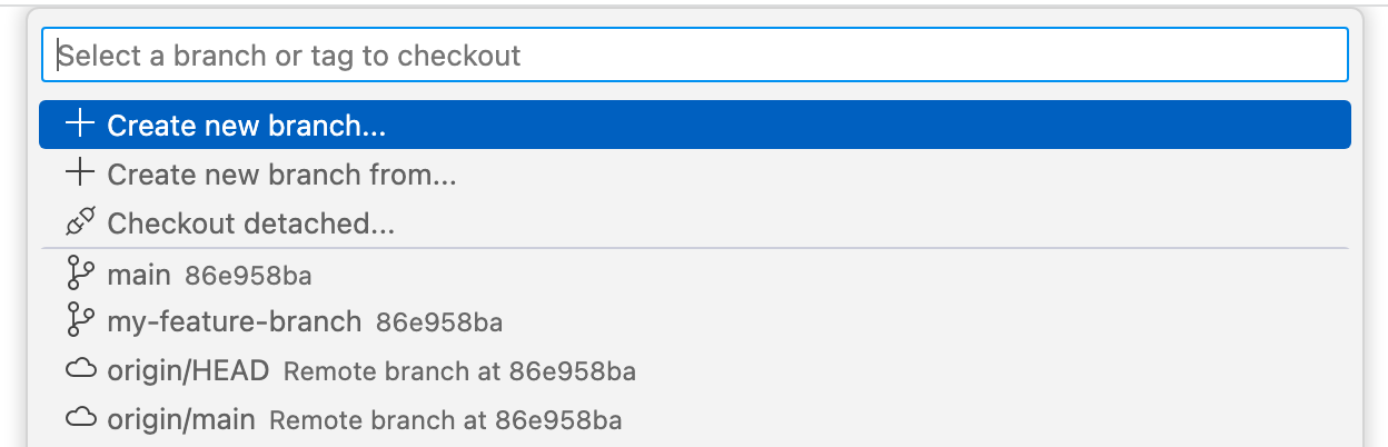 VS Code で新しいブランチを作成するためのドロップダウンのスクリーンショット。