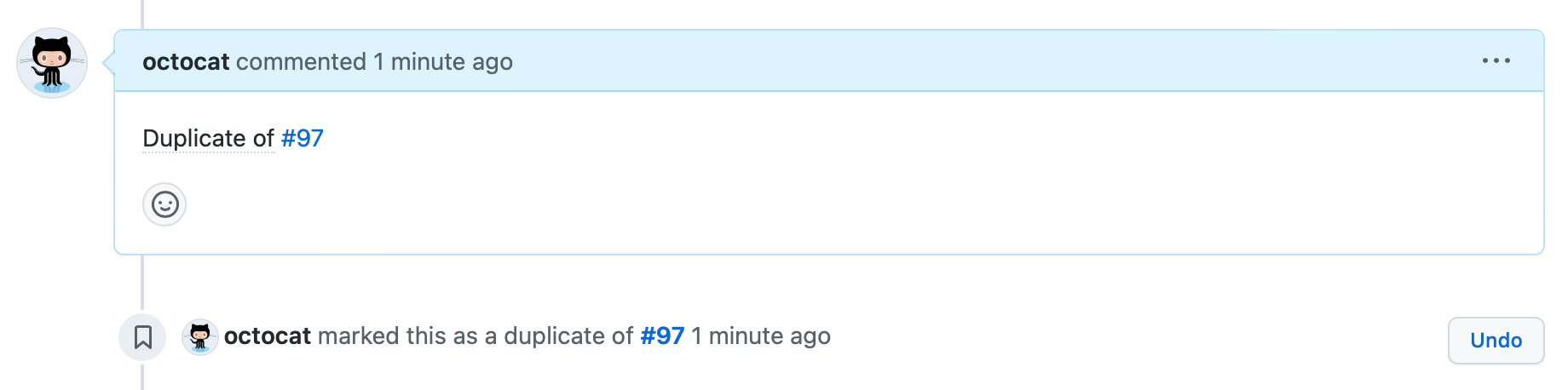 Captura de tela da linha do tempo de um problema, com um comentário do octocat que diz "Duplicata de #97" e um evento de linha do tempo que diz "octocat marcou isso como uma duplicata de #97."