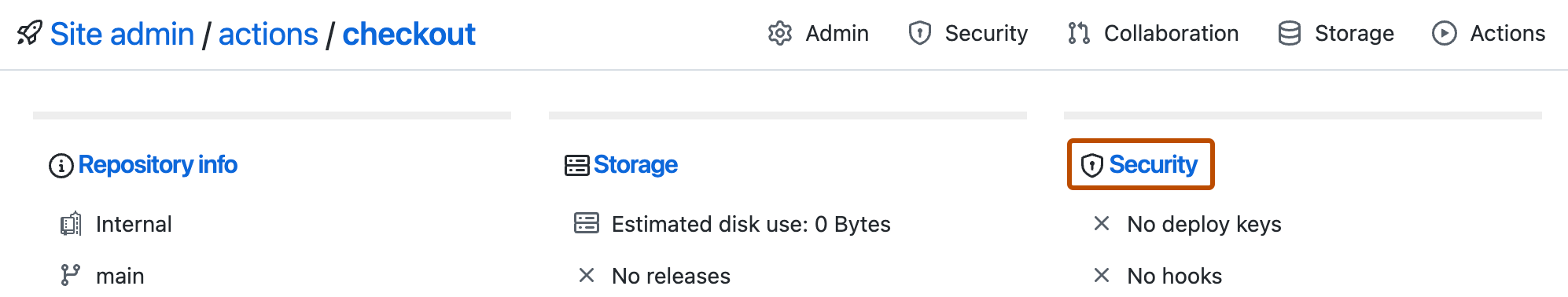리포지토리에 대한 사이트 관리자 세부 정보의 스크린샷. "보안" 링크가 주황색 윤곽선으로 강조 표시되어 있습니다.