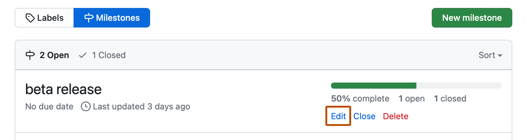 마일스톤 목록의 스크린샷. "베타 릴리스" 마일스톤의 항목 내에 "편집"이라는 레이블이 있는 링크가 진한 주황색 윤곽선으로 표시되어 있습니다.