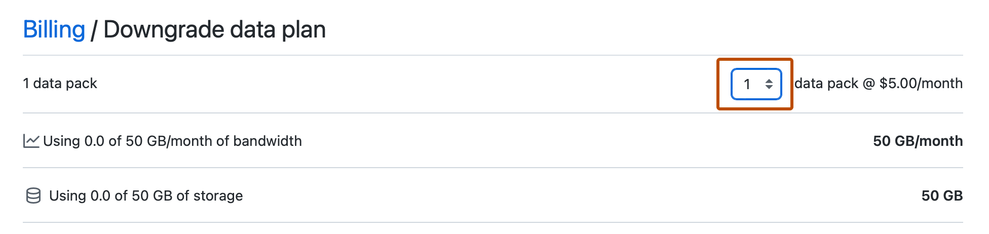 [データ プランのダウングレード] ページのスクリーンショット。 [1] というラベルが付いたドロップダウン メニューがオレンジ色の枠線で強調表示されています。