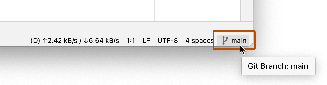 ブランチ名のヒントが表示されているステータス バーのスクリーンショット。 ブランチ アイコンと名前 "main" が濃いオレンジ色の枠線で強調表示されています。