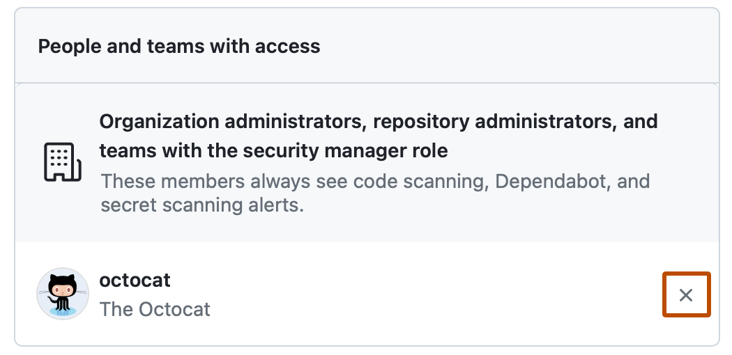 경고에 액세스할 수 있는 사용자 목록의 스크린샷. @octocat 오른쪽에 x 아이콘이 진한 주황색 윤곽선으로 표시되어 있습니다.