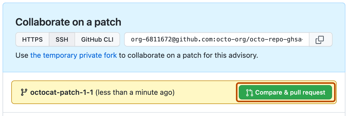 Screenshot des Bereichs „An einem Patch zusammenarbeiten“ für den Entwurf eines Sicherheitshinweises. Die Schaltfläche „Vergleichen und Pull Request“ ist dunkelorange umrandet.