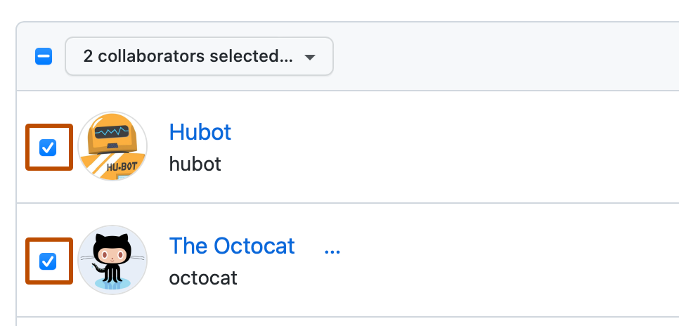 外部コラボレーターの一覧の最初の 2 人のユーザーのスクリーンショット。 各ユーザーの左側のチェックボックスがオンになっていて、濃いオレンジ色の枠線で強調されています。