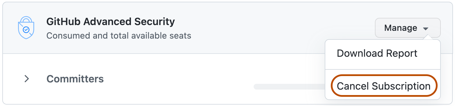 Capture d’écran de la liste déroulante « Gérer » dans l’écran de licences GitHub Advanced Security. Le bouton « Annuler l’abonnement » est mis en évidence avec un contour orange.
