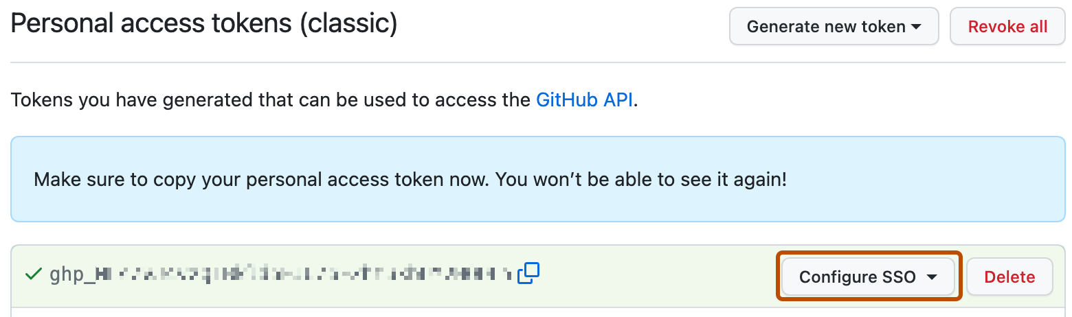 Screenshot der Seite „Personal access tokens (classic)“. Die Schaltfläche „SSO konfigurieren“ für ein PAT ist dunkelorange umrandet.