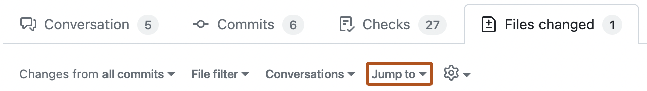 拉取请求的“已更改的文件”选项卡的屏幕截图。 “跳转到”选项用深橙色框出。