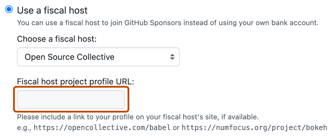 스폰서 프로필에 대한 회계 호스트 옵션의 스크린샷. "회계 호스트 프로젝트 프로필 URL"이라는 텍스트 필드가 진한 주황색 윤곽선으로 표시되어 있습니다.