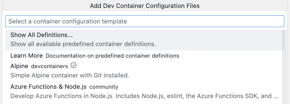 Screenshot des Menüs Entwicklungscontainer-Konfigurationsdateien hinzufügen mit der Dropdownliste mit verschiedenen Optionen, einschließlich von Alle Definitionen anzeigen