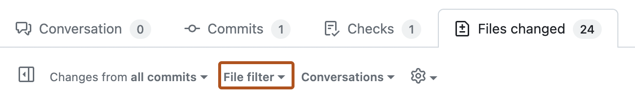 Screenshot: Ansichtsoptionen für einen Pull Request. Die Option „Dateifilter“ ist dunkelorange umrandet.