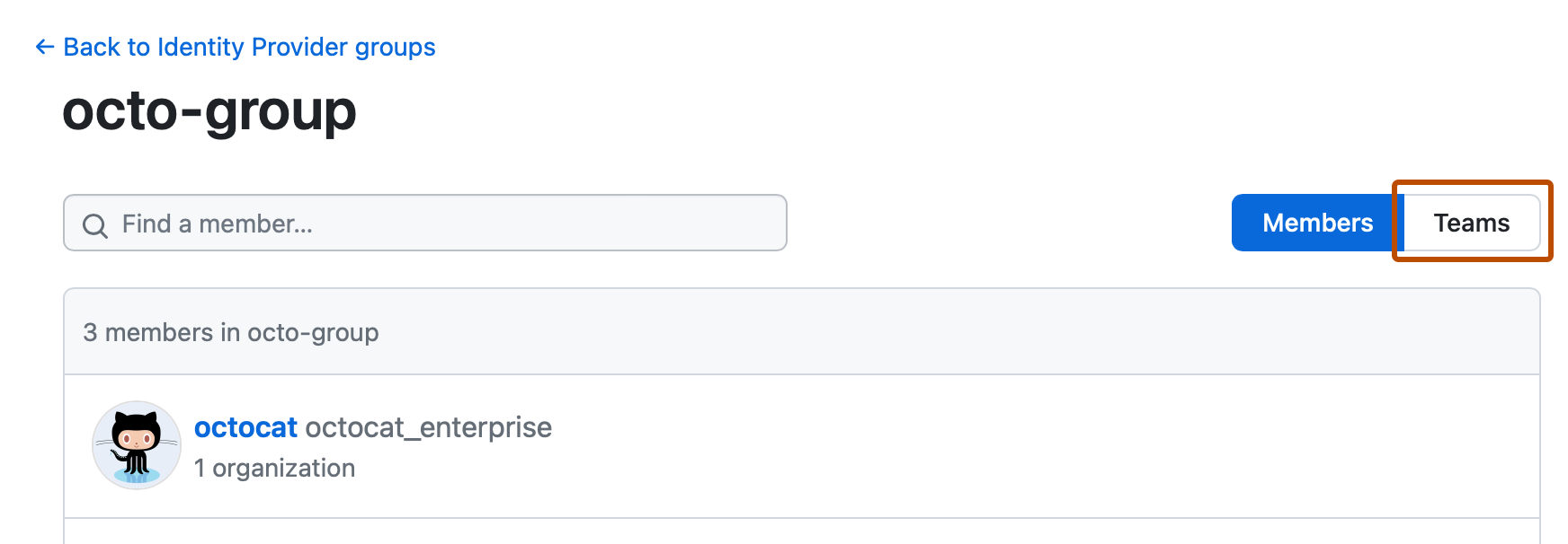 同期された IdP グループのページのスクリーンショット。 グループの名前の下の右側にある [Teams] (チーム) タブが濃いオレンジ色で強調されています。