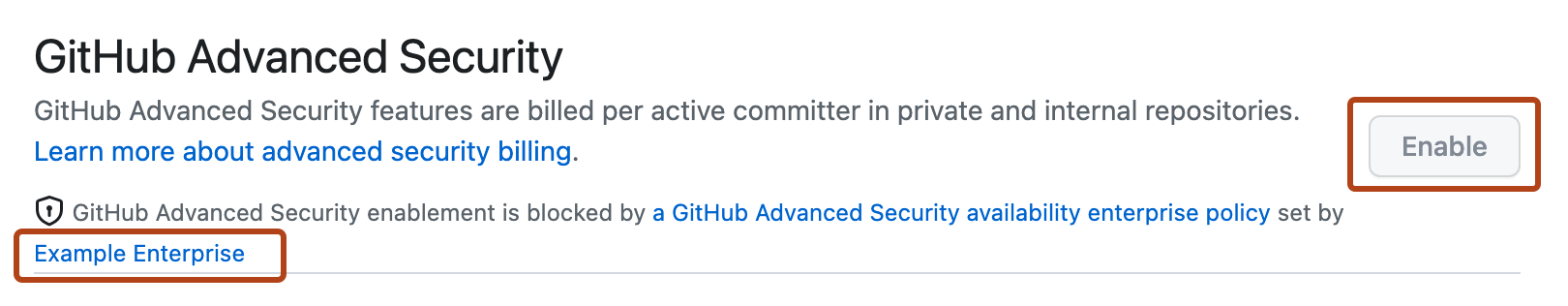 Снимок экрана: параметр GitHub Advanced Security". Владелец корпоративной политики и неактивная кнопка "Включить" выделены в темно-оранжевый цвет.