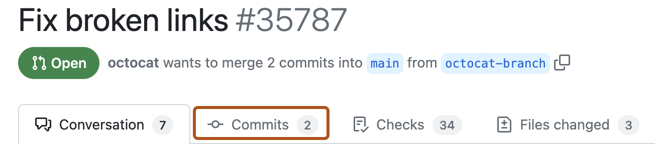 Aba de Commits em um pull request