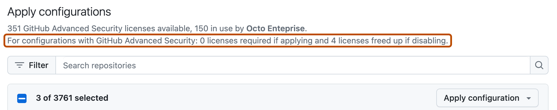 Captura de tela da seção "Aplicar configurações". As possíveis alterações no uso da licença GHAS para a empresa são descritas em laranja-escuro.