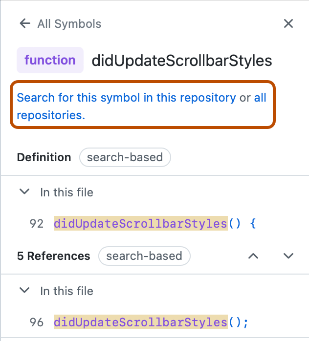 함수 창의 스크린샷. "이 리포지토리에서 이 기호 검색" 및 "모든 리포지토리"라는 두 개의 링크가 진한 주황색으로 표시됩니다.