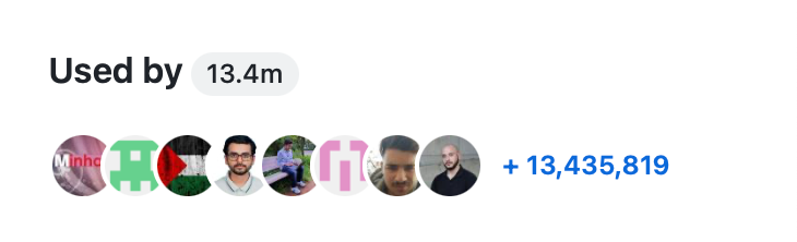Captura de pantalla de la sección "Utilizado por" de un repositorio. A la derecha del encabezado "Utilizado por" está "13,4 m". Bajo el encabezado hay 8 avatares y "+13 435 819".