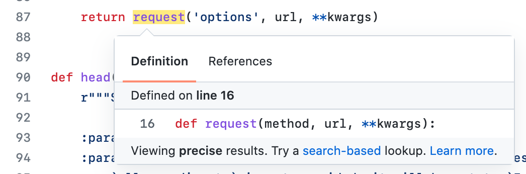 Screenshot showing a code file with a function called "request" highlighted and a pop-up window with information about the function underneath. The pop-up has two tabs: "Definition" and "Reference".